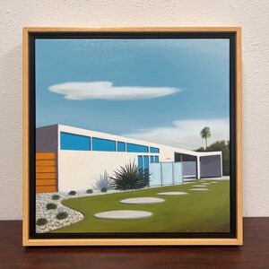 Original oil painting modern architecture stepping stones signed framed clouds